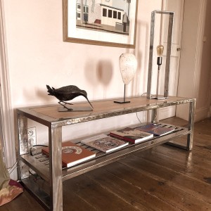 Meuble TV en acier poli et chêne